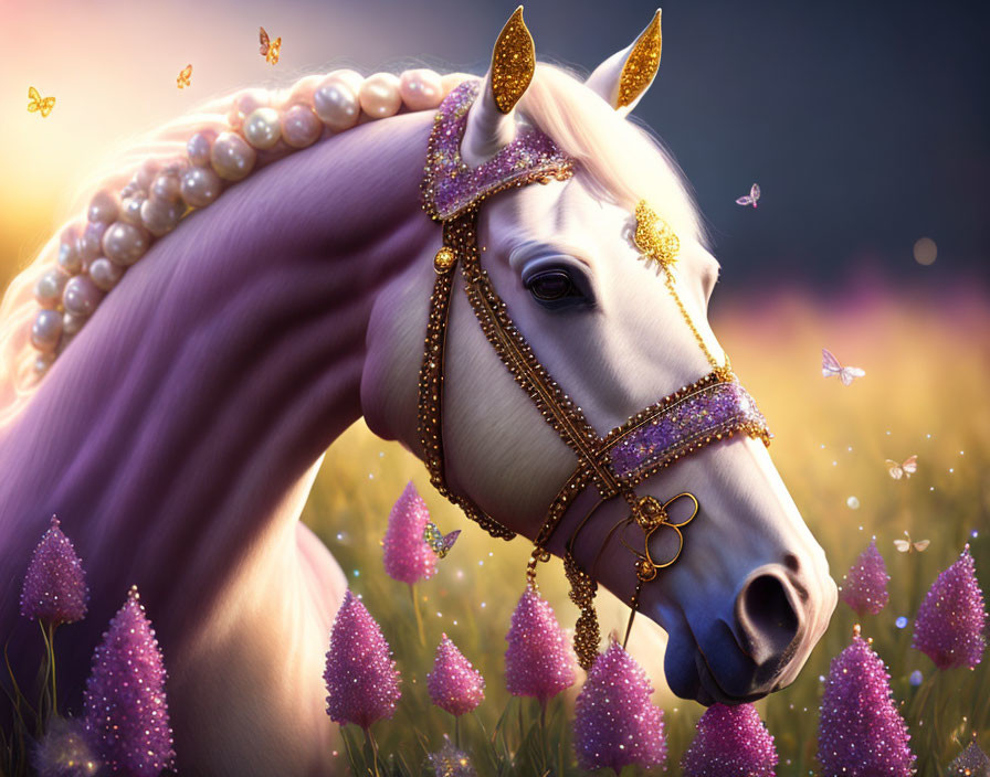 White Horse with Pink Mane and Gold Jewelry in Purple Flower Field