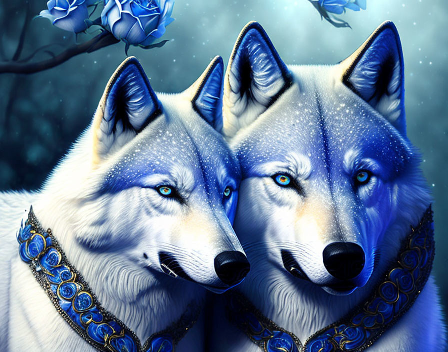 Digitally illustrated blue wolves with intricate necklaces in mystical moonlit scene