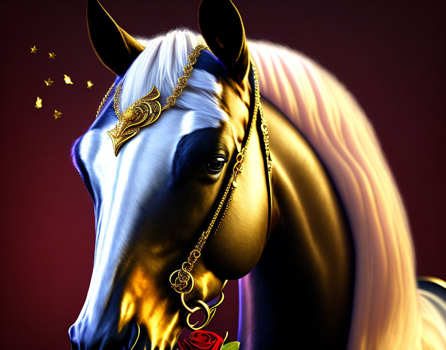 Adorned white horse with golden headpiece and rose on dark red background