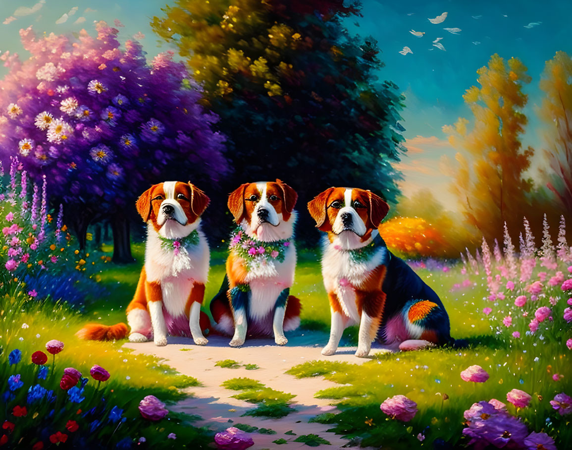 Three Beagles Relaxing in Garden Among Colorful Flowers