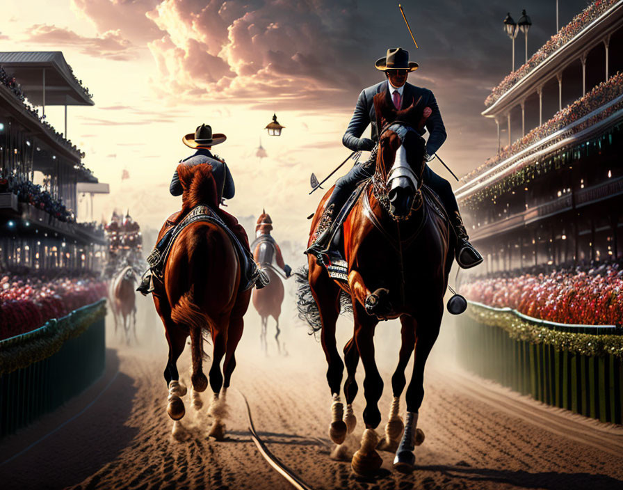 Cowboys on horseback with lassos at sunset race track.