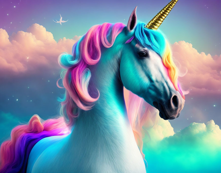 Colorful unicorn with golden horn and multicolored mane in pastel sky