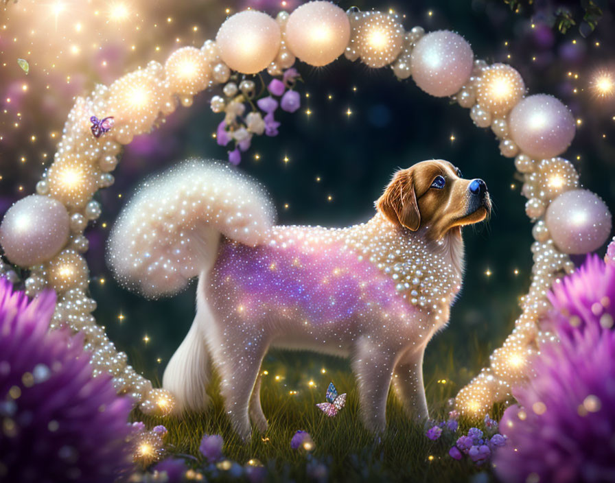 Sparkling Beagle in Magical Arch with Flowers and Butterflies