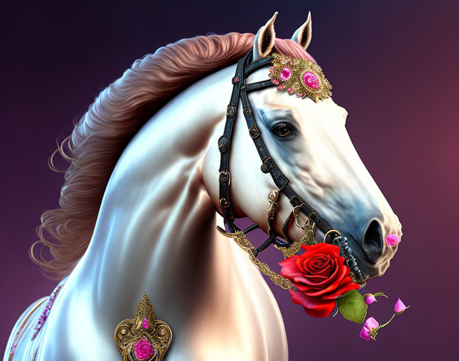 White Horse with Decorative Bridle and Purple Background