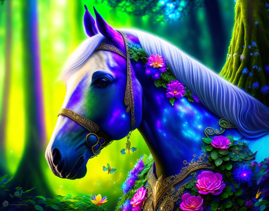 Fantasy horse digital artwork with purple and blue coat in enchanted forest