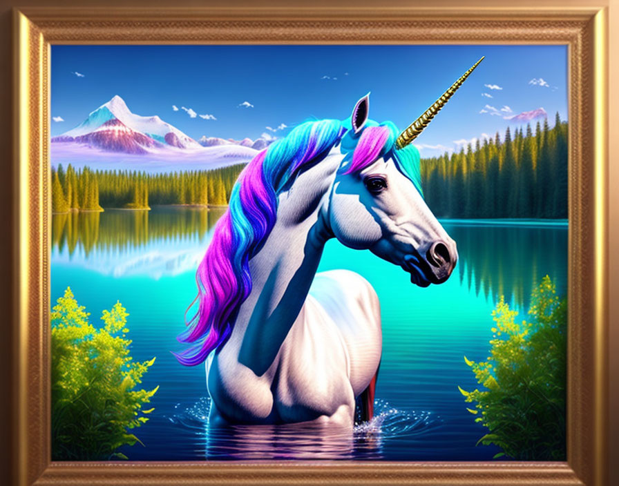 Colorful Unicorn with Blue and Purple Mane in Lake Landscape