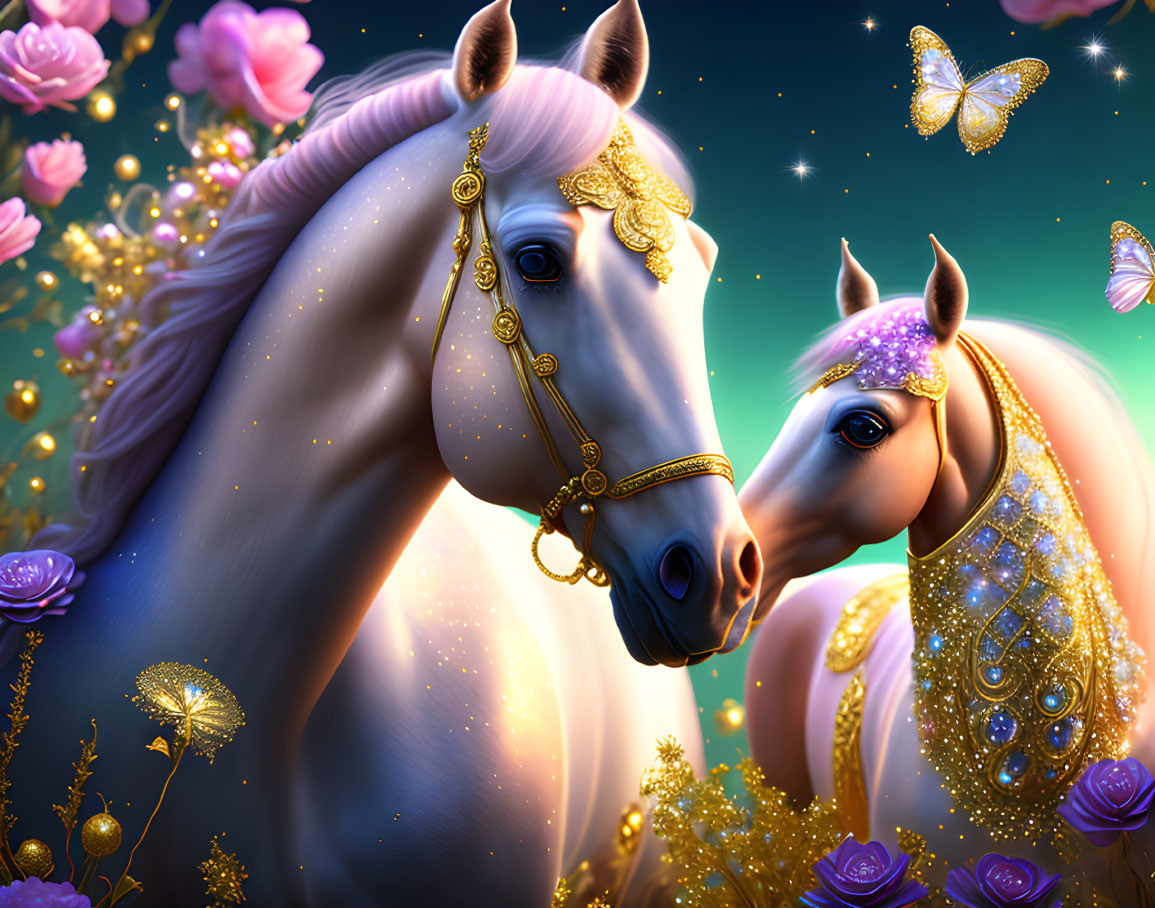 Illustrated majestic horses with gold and jewels in magical floral scene