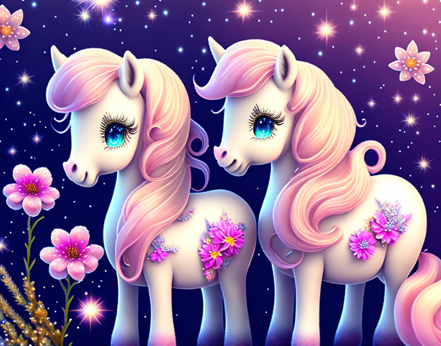 Stylized cartoon unicorns with pink manes in starry night scene