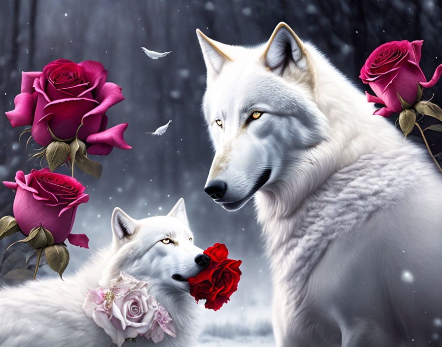 Two wolves with roses in snowy scene, one with red rose, surrounded by falling snowflakes and