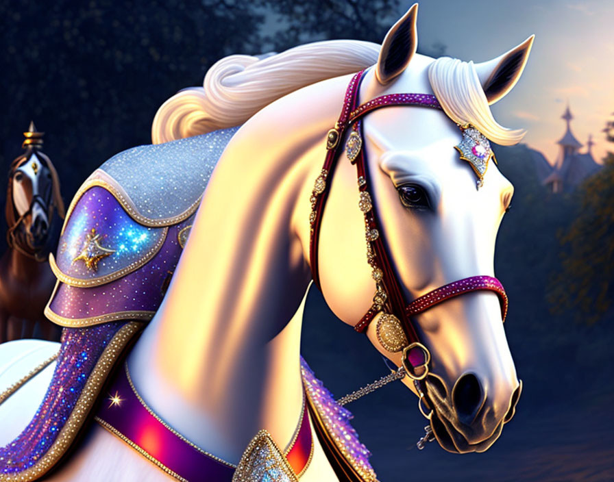 Majestic white horse with purple and gold tack in enchanted forest scene