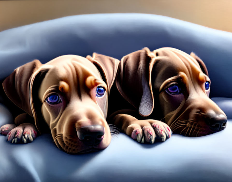 Brown-coated glossy-eyed puppies on soft blue surface