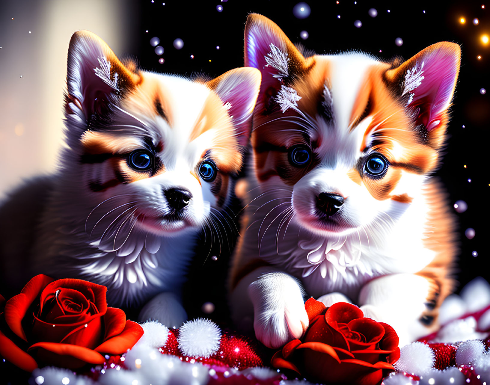 Adorable corgi puppies with blue eyes in snowy scene