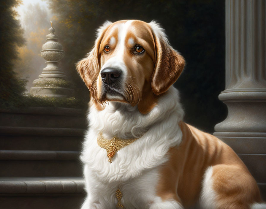 Brown and White Dog with Gold Chain in Classical Garden Setting