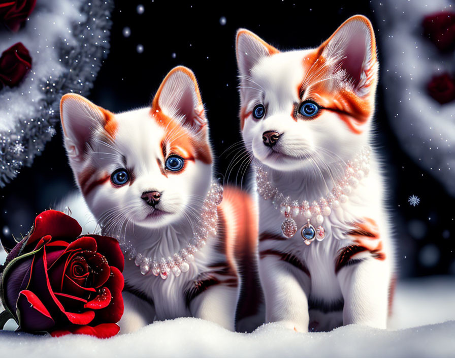 Two Kittens with Pearl Necklaces in Snow with Red Rose and Snowflakes