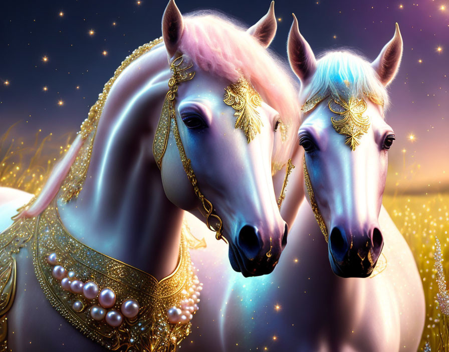 Ethereal horses with shiny coats in starlit scene