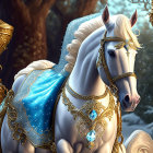 Colorful illustration of majestic white horse with ornate patterns on whimsical floral backdrop