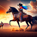 Cowboy on galloping horse with bow and arrows in desert sunset.