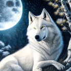 White Wolf Resting Under Full Moon and Stars in Snowy Landscape