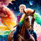 Toddler riding brown horse in cosmic background