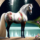 White horse with pink flowers and golden accessories by arched gate and waterfall