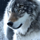 Detailed Digital Artwork: Majestic Gray Wolf with Yellow Eyes on Starry Night Sky