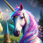 Mystical unicorn with rainbow mane in magical forest