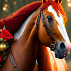 Chestnut horses with red bridles & floral bouquet