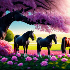 Vibrant garden scene with three horses among cherry blossoms and roses