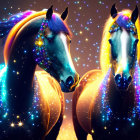 Vibrant shimmering horses with glowing manes on dark backdrop