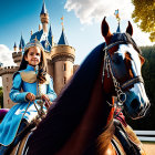 Young girl in medieval knight attire riding horse near fairy-tale castle