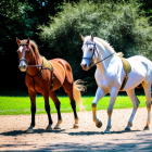 Majestic white horses with golden embellishments in natural setting