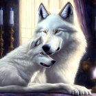 Majestic white wolves in regal setting with ornate candles