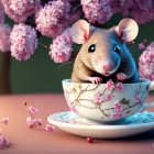 Adorable Mouse in Teacup with Cherry Blossoms Illustration