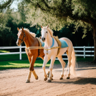 Fantasy horses with golden saddles in mystical forest