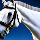 Detailed View of White Horse with Black Bridle on Blue Background