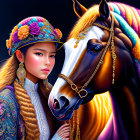 Young girl with blonde hair and horse in digital painting