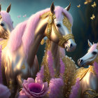 Majestic white horses with pink manes, golden accessories, butterflies, and purple flowers