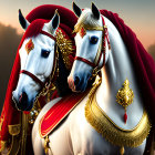 Majestic white horses with red and gold ceremonial tack in front of golden architecture