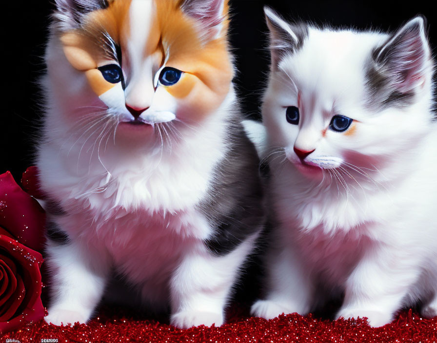 Fluffy kittens with vibrant eyes and red rose on glittery surface