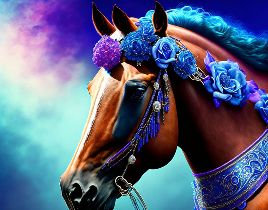 Majestic horse with blue and purple accessories on colorful background