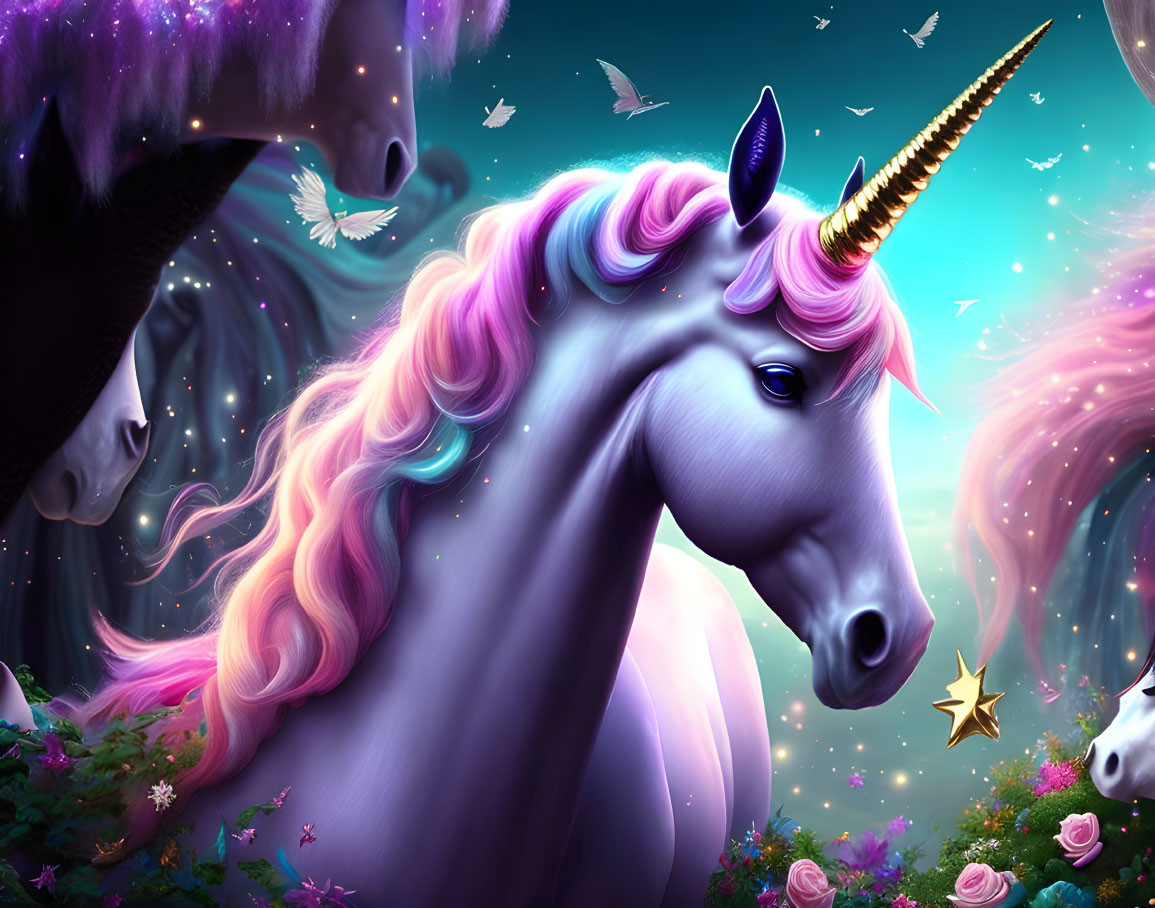 Golden horned unicorn in pink mane under night sky with butterflies and flowers.