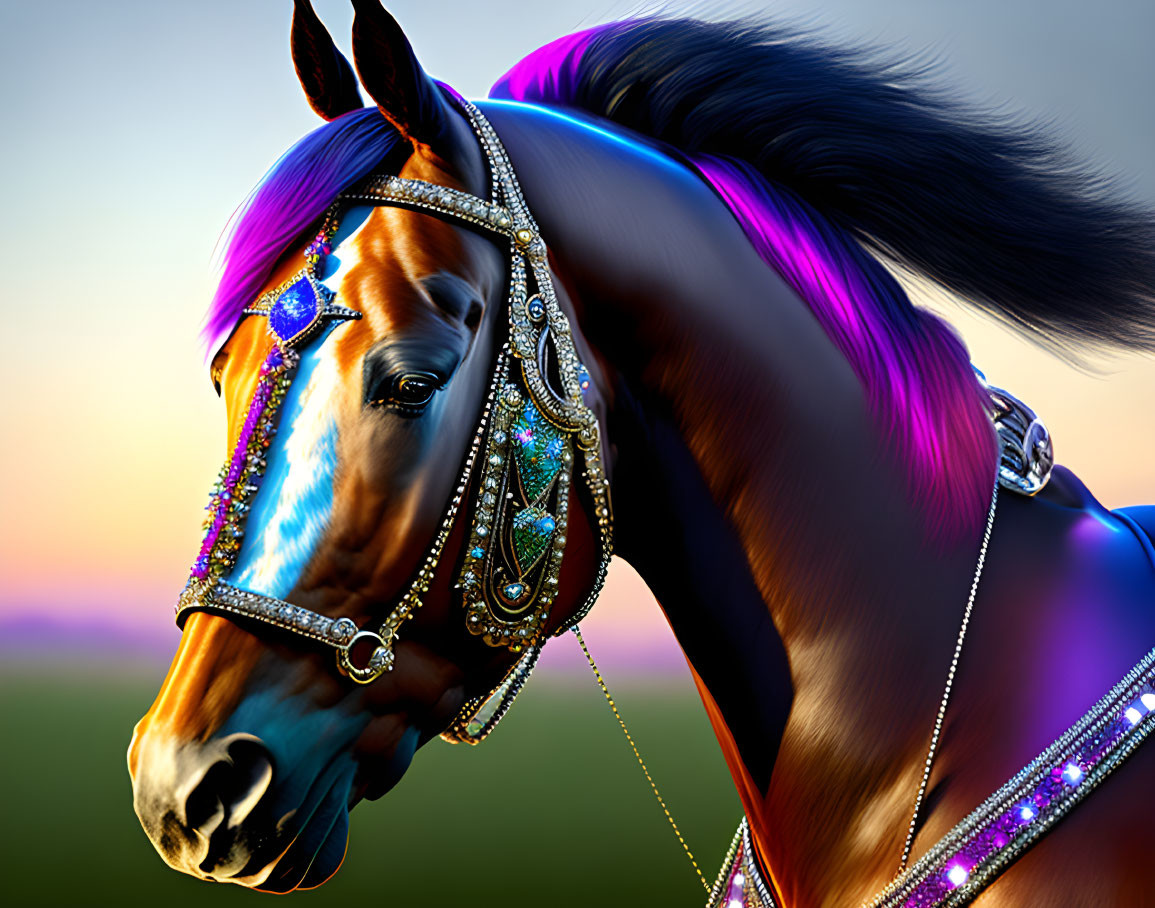 Colorful digital artwork: Horse with jewel-encrusted tack on sunset backdrop