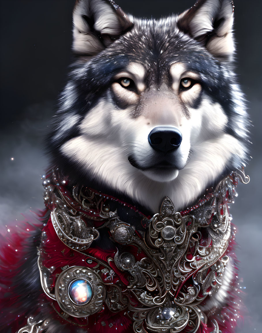 Detailed wolf illustration with human-like eyes in ornate silver armor and red feathers