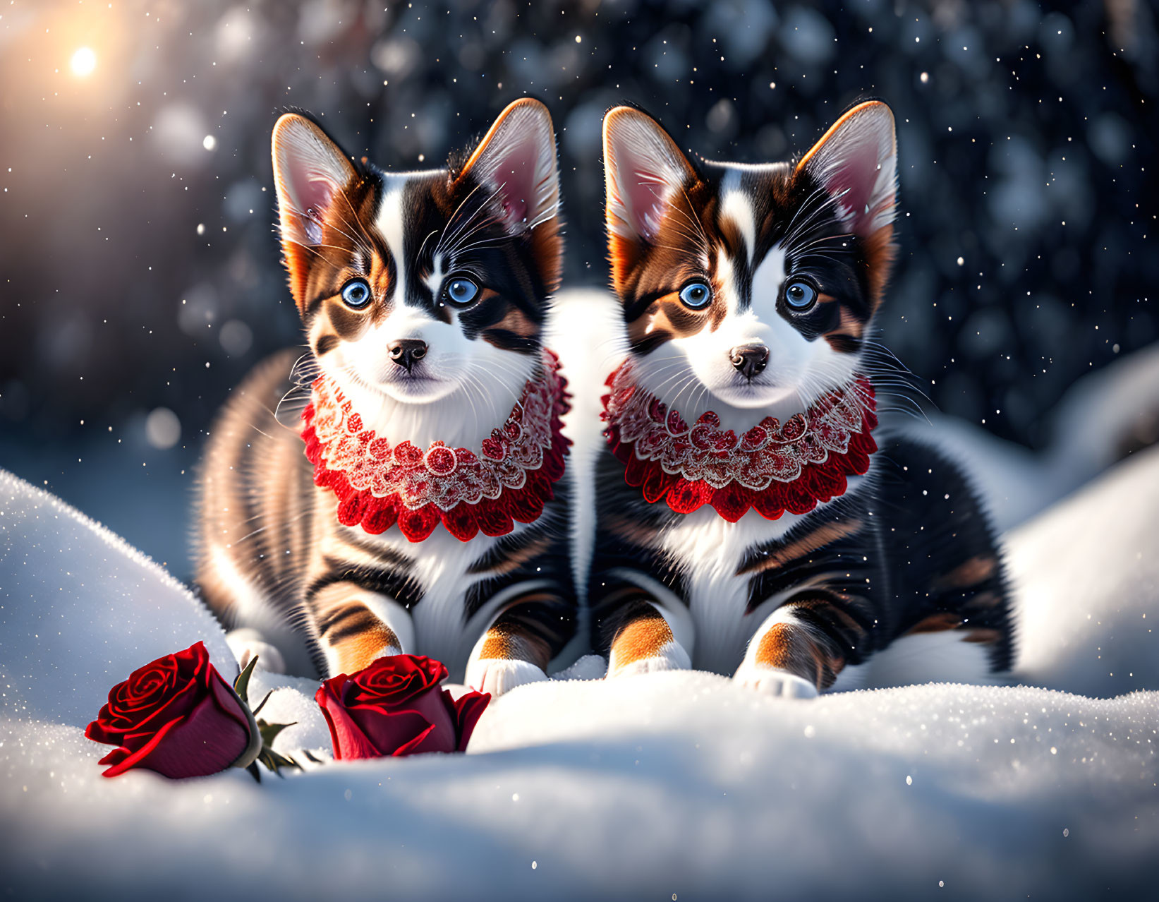 Two blue-eyed puppies with red collars in snow with roses and snowflakes