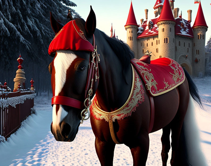 Regal horse with red and gold tack at fairytale castle