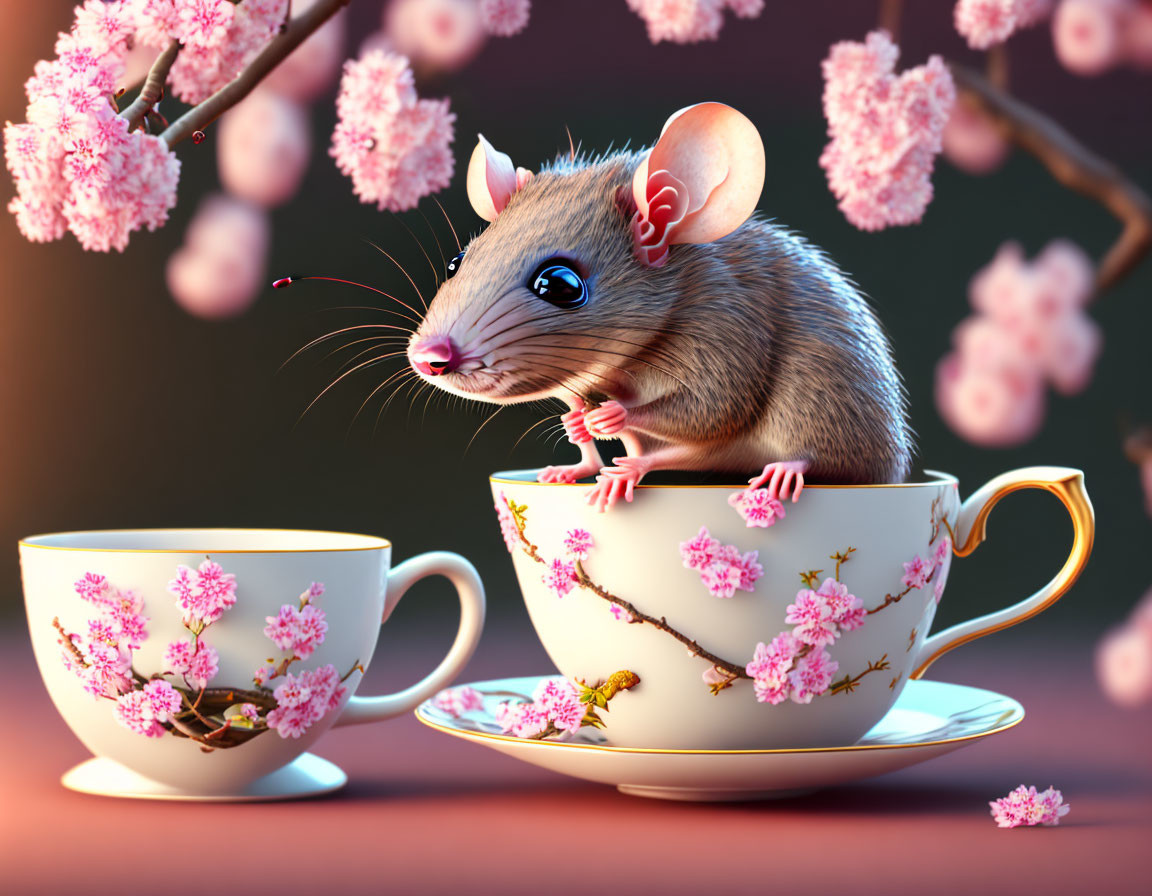 Adorable Mouse in Teacup with Cherry Blossoms Illustration