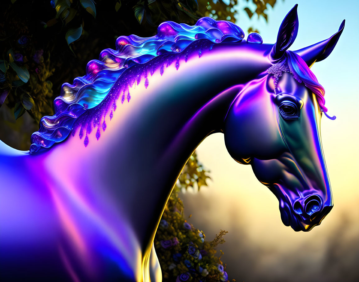 Colorful digital artwork: Metallic horse with purple and blue mane on soft-focus backdrop.