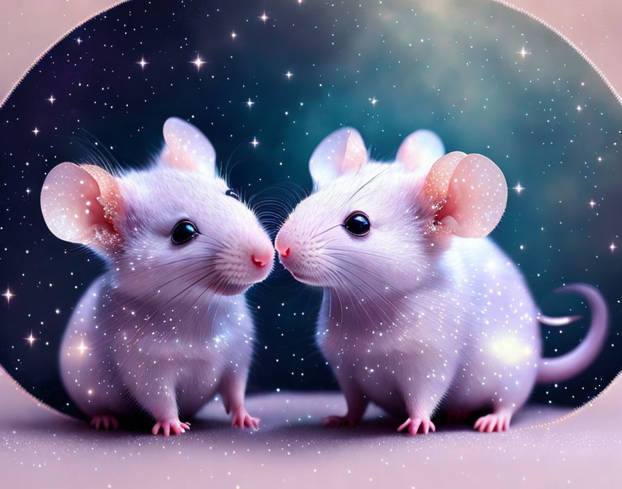 Illustrated mice on cosmic background in thought bubble outline