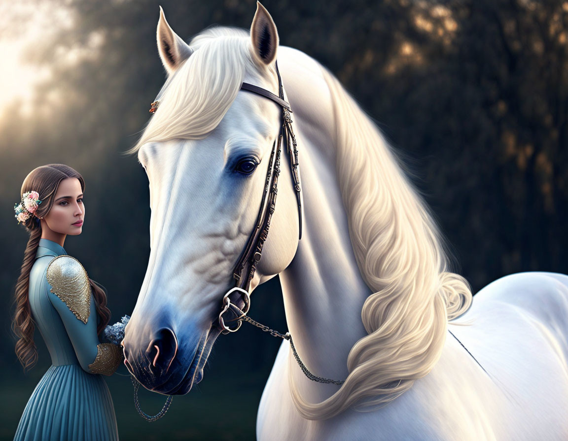 Woman in Blue Dress with White Horse in Soft Evening Light