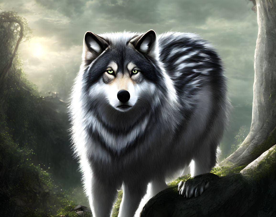 Majestic wolf with thick fur in misty forest